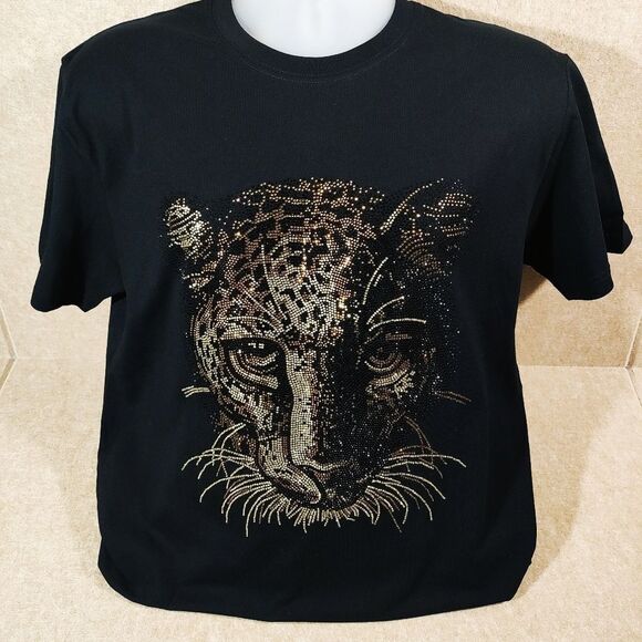 Leopard Rhinestone Short Sleeve T-shirt -D - Picture 1 of 7